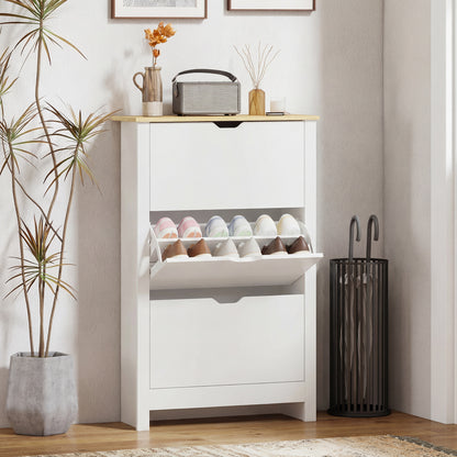 Shoe Storage Cabinet with 3 Flip Drawers and Adjustable Shelves for 9-18 Pairs of Shoes, White