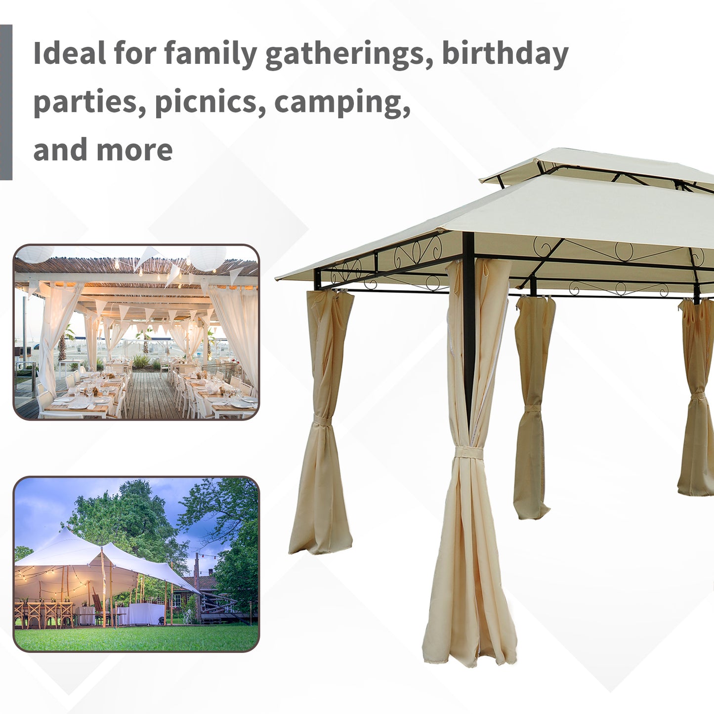 13' x 10' Soft-top Gazebo Patio Steel Canopy Portable Party Event with Double Canopy Roof, Curtains, Cream White
