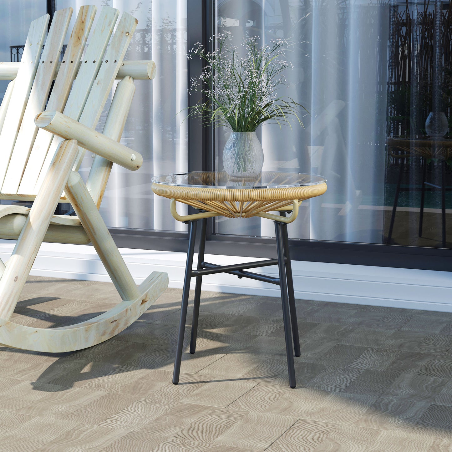 Rattan Side Table, Round Outdoor Table, with Round PE Rattan and Tempered Glass Table Top for Patio, Garden, Beige