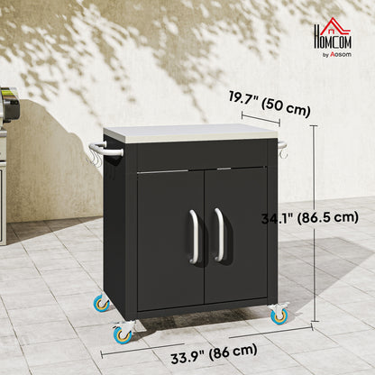 Outdoor Grill Cart with Stainless Steel Top, Pizza Oven Table with Wheels Hooks Cabinet Handles, Black