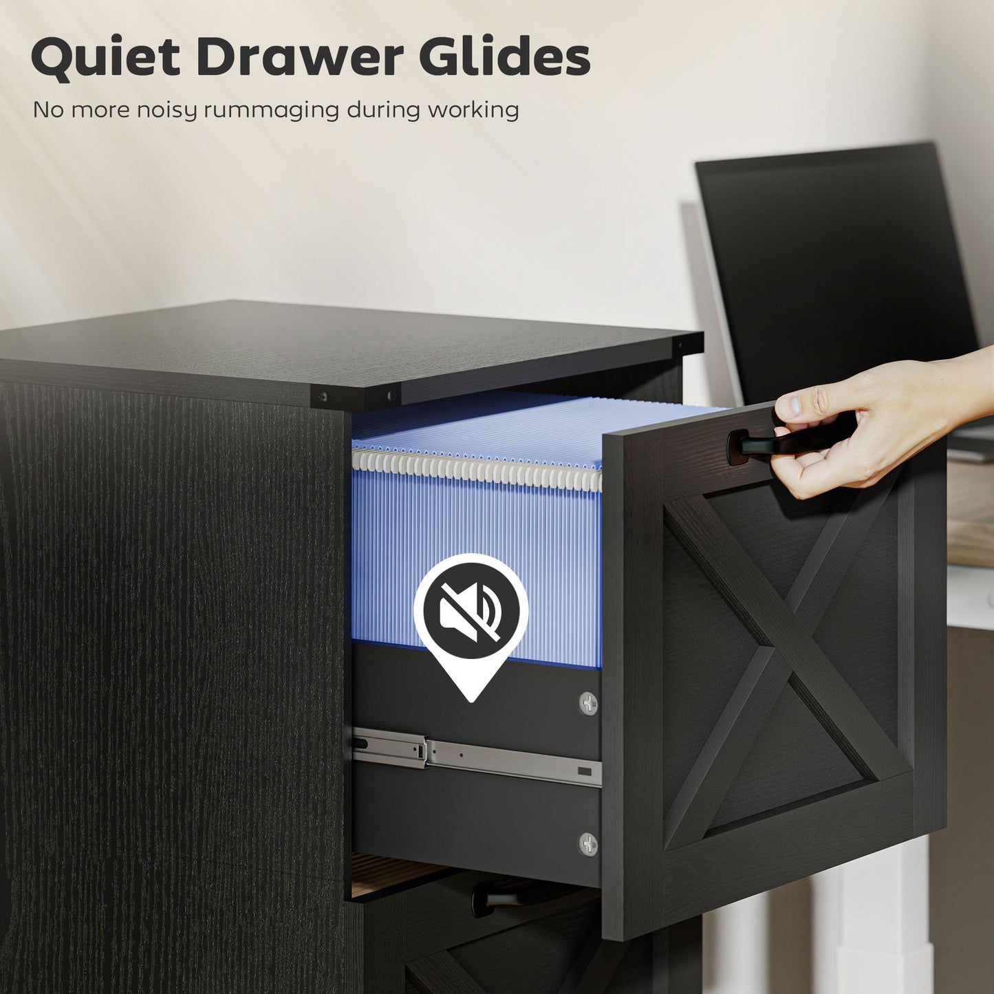 2 Drawer File Cabinet with Silent Slides, Vertical Farmhouse Filing Cabinet Fits Letter/A4 Size Home Office, Black