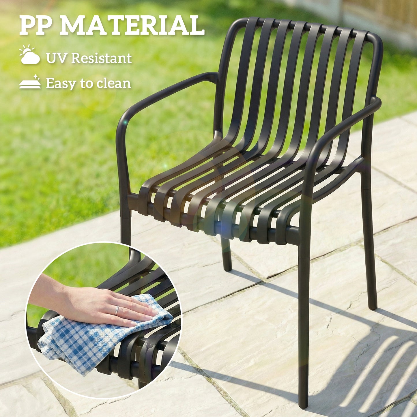 Stackable Patio Chairs Set of 4, Outdoor Dining Chairs with Slatted Seat, Curved Backrest, Armrests, Black