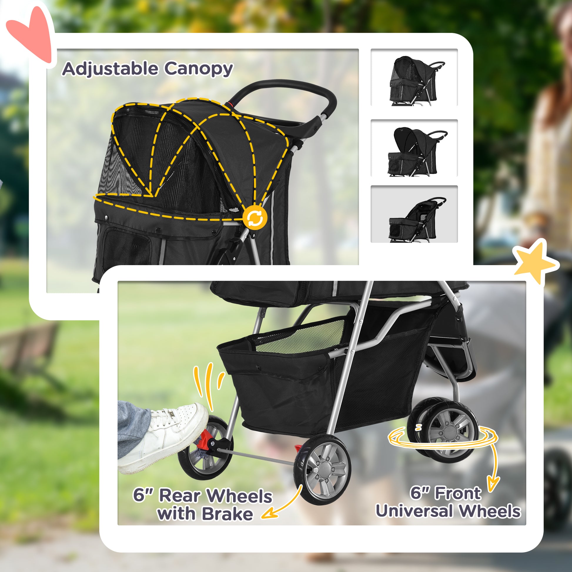 3 Wheels Foldable Dog Stroller with Storage Basket, Adjustable Canopy, Cupholder for Miniature and Small Dogs, Black