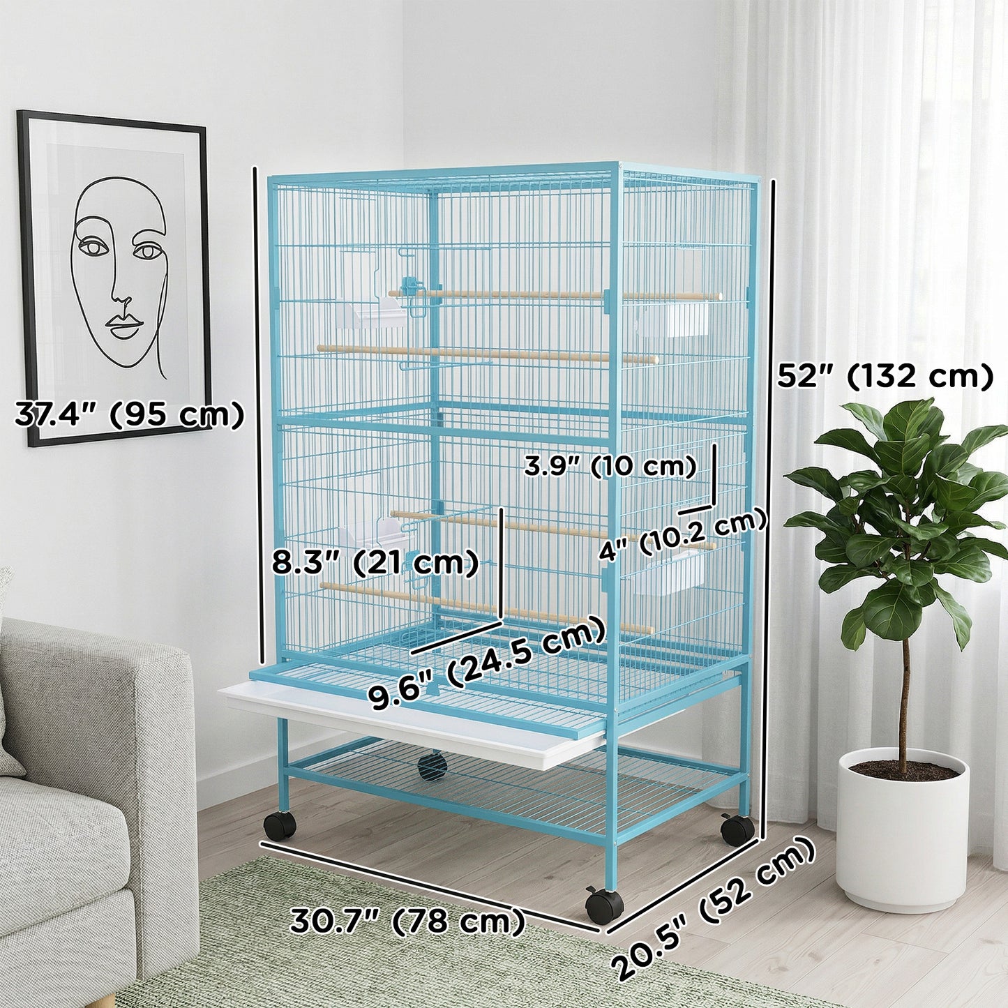 52'' Large Rolling Steel Bird Cage Bird House with Rolling Stand, Storage Shelf, Wood Perch, Food Container, Light Blue