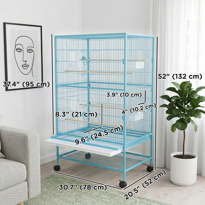 52'' Large Rolling Steel Bird Cage Bird House with Rolling Stand, Storage Shelf, Wood Perch, Food Container, Light Blue