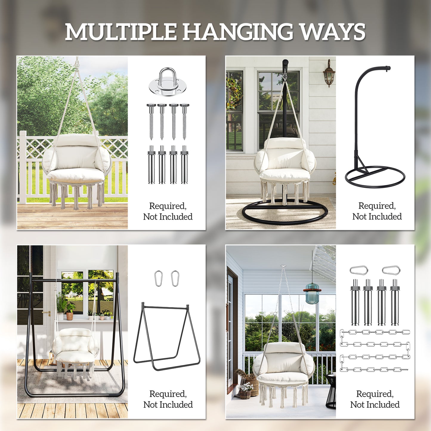 Boho Hammock Chair Swing Hanging Chair with Cushion, Chain, Steel Frame for Indoor Outdoor Bedroom Patio Balcony, Cream