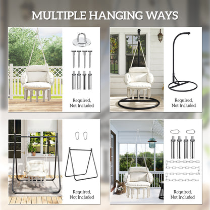 Boho Hammock Chair Swing Hanging Chair with Cushion, Chain, Steel Frame for Indoor Outdoor Bedroom Patio Balcony, Cream