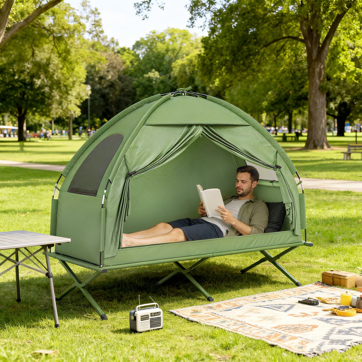 Compact Pop Up Portable Folding Outdoor Elevated Camping Cot Tent Combo Set Dark Green