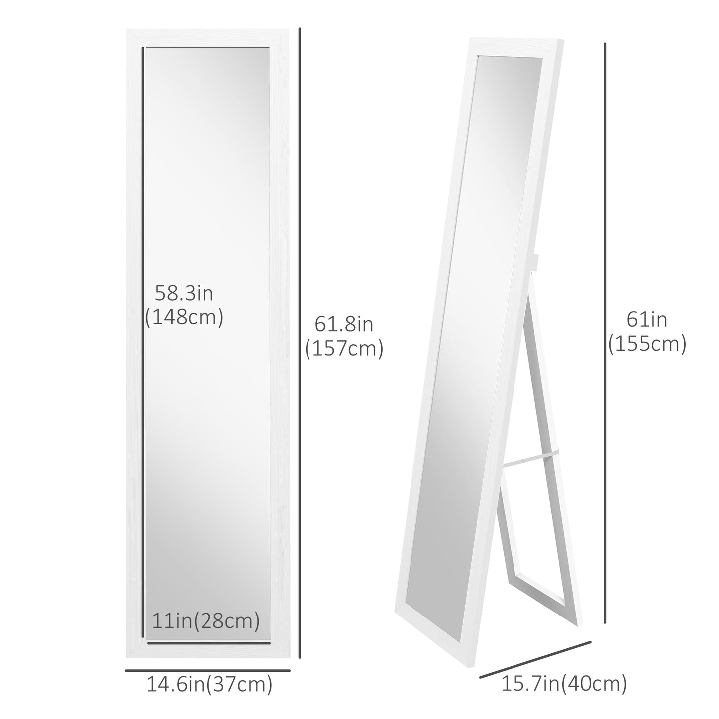 15" x 62" Full Length Mirror for Bedroom, Free Standing Dressing Mirror, Wall Mirror for Living Room, White