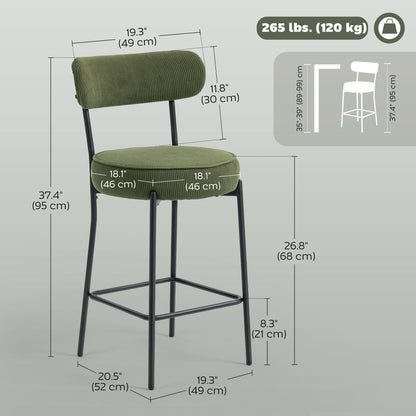 Set of 2 Barstools, Upholstered Corduroy Bar Stools with Backrest, Footrest for Kitchen Island, Dining Room, Green