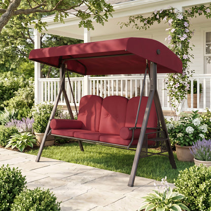 Outdoor Patio 3-Person Steel Canopy Cushioned Seat Bench Swing with Included Side Trays & Padded Comfort, Wine Red