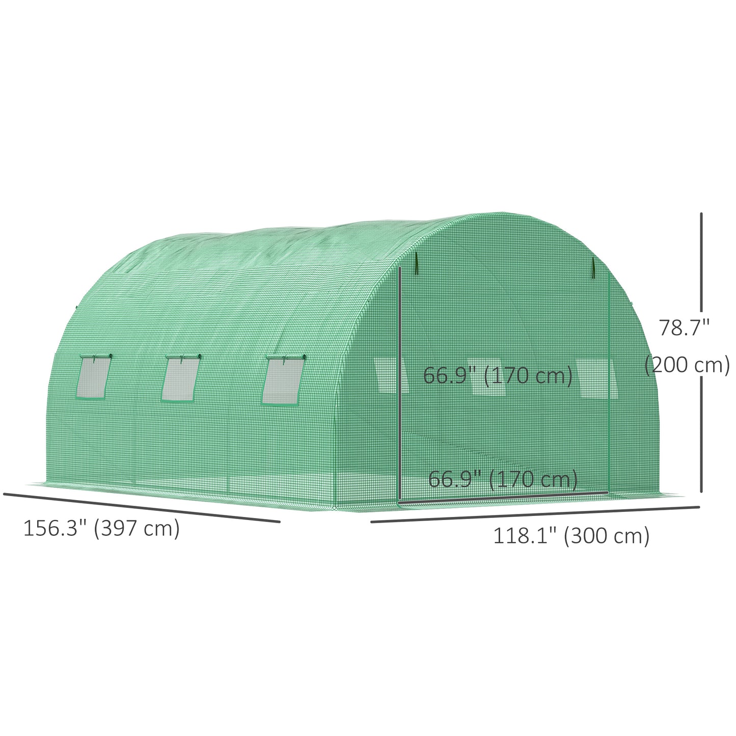 13' x 10' x 6.6' Walk-in Polytunnel Greenhouse, Outdoor Garden Tunnel Greenhouse Tent with Zipped Roll-Up Door and 6 Mesh Windows, Green
