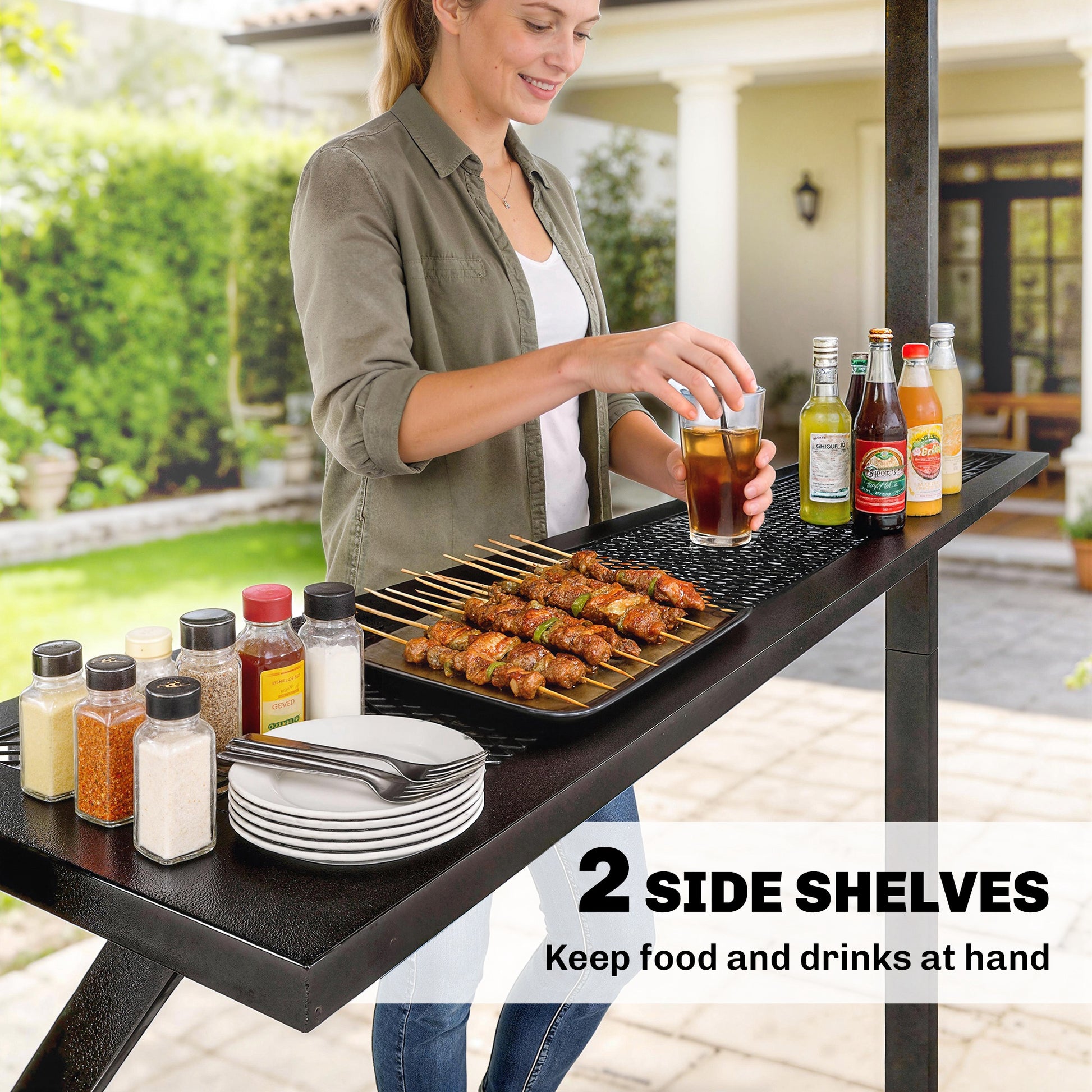 9' x 6' Hardtop Grill Gazebo, BBQ Gazebo with 2 Side Shelves and Galvanized Metal Slope Roof, Black