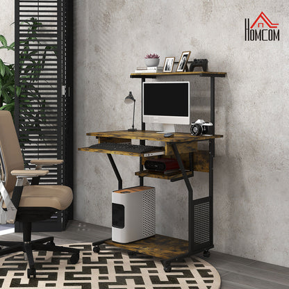 32" Mobile Computer Table, Rolling Study Desk for Home Office with Keyboard Tray, Storage Shelves, Wheels, Rustic Brown