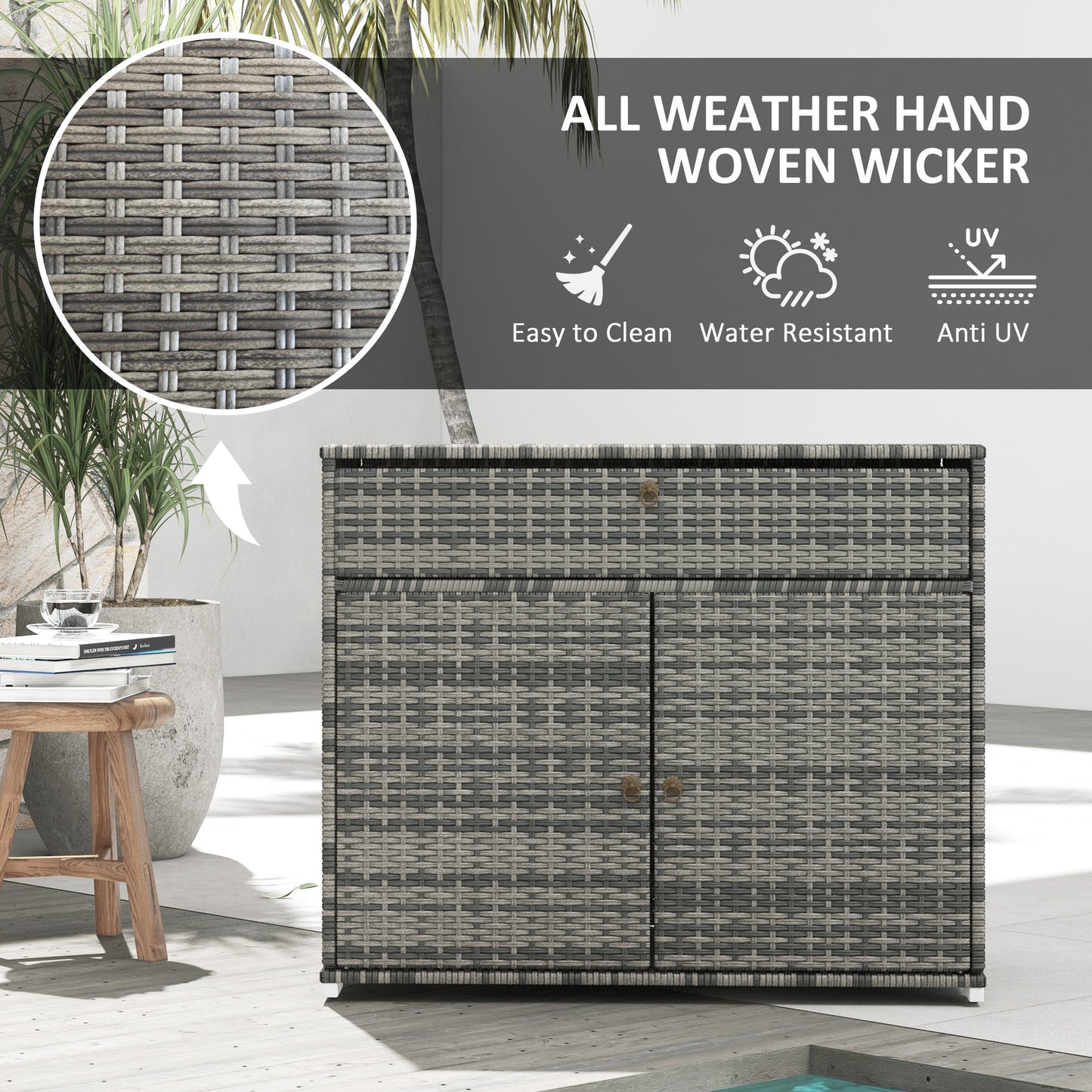 Outdoor Storage Cabinet, Wicker 2-Door Pool Towel Storage Cabinet with Drawer, PE Rattan Pool Organizer, Grey