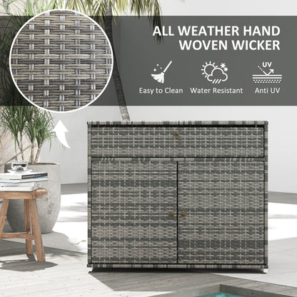 Outdoor Storage Cabinet, Wicker 2-Door Pool Towel Storage Cabinet with Drawer, PE Rattan Pool Organizer, Grey