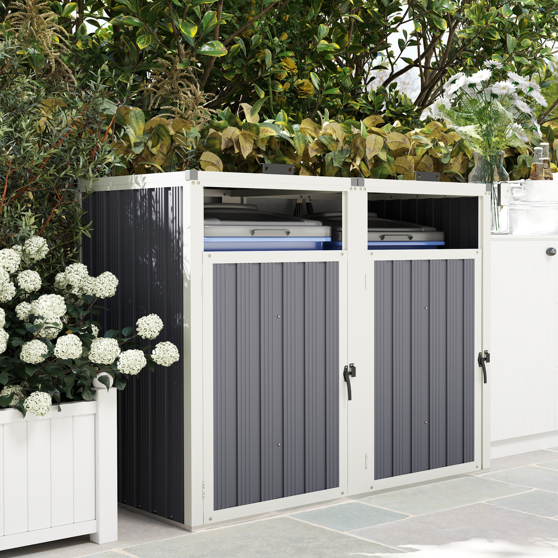 Double Garbage Bin Shed, Lockable Outdoor Storage Shed with Openable Lid, Galvanized Frame for Garden Patio, Dark Grey