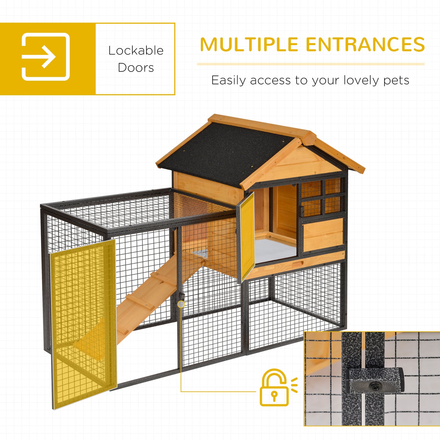 Rabbit Hutch Outdoor, 48"L Large Wooden Bunny Cage with Run, Bite-Resistant Metal Frame, Removable Plastic Tray, Asphalt Roof, Ramp, Guinea Pig Cage for 1-2 Rabbits, Yellow