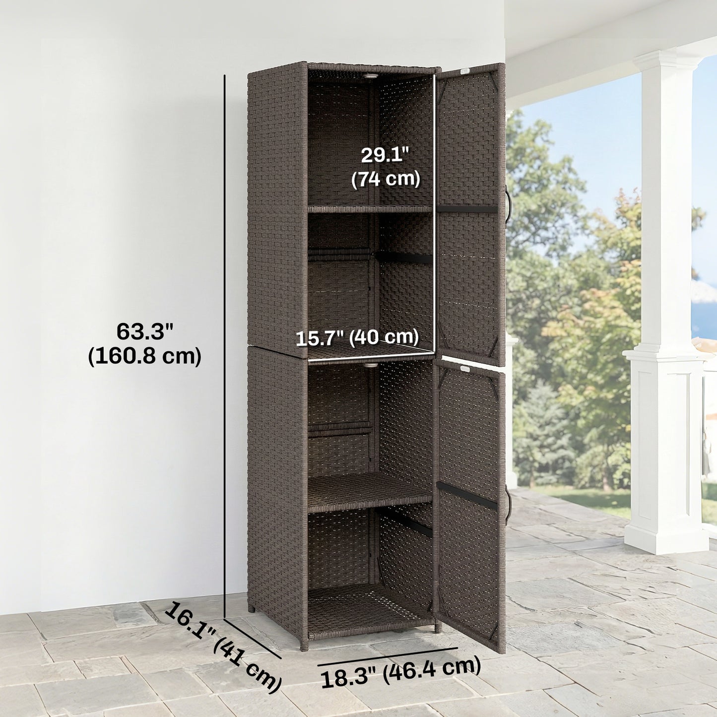 Wicker Outdoor Storage Cabinet, 4 Shelf Patio Storage Cabinet with Adjustable Shelves and Magnetic Doors, Brown