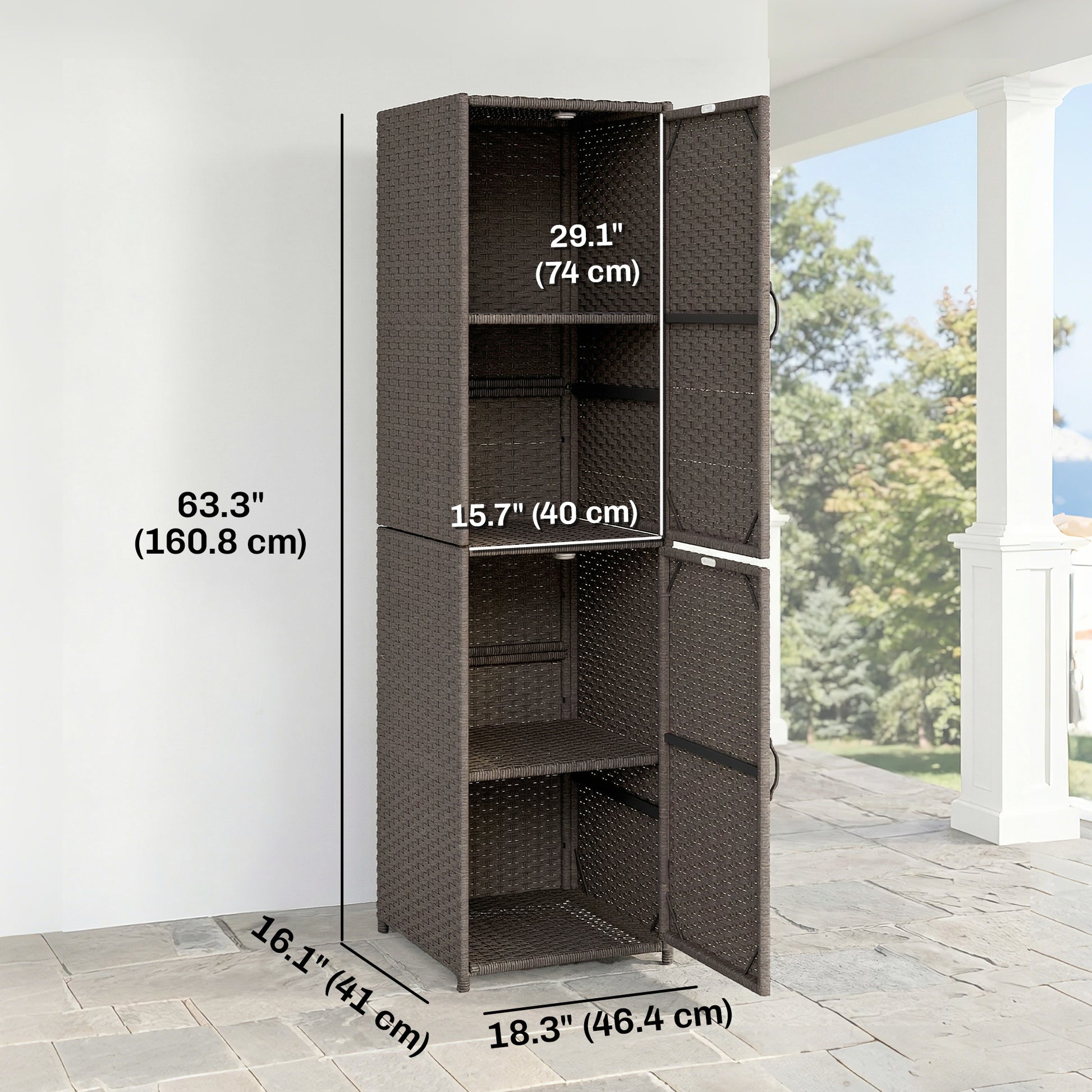Wicker Outdoor Storage Cabinet, 4 Shelf Patio Storage Cabinet with Adjustable Shelves and Magnetic Doors, Brown