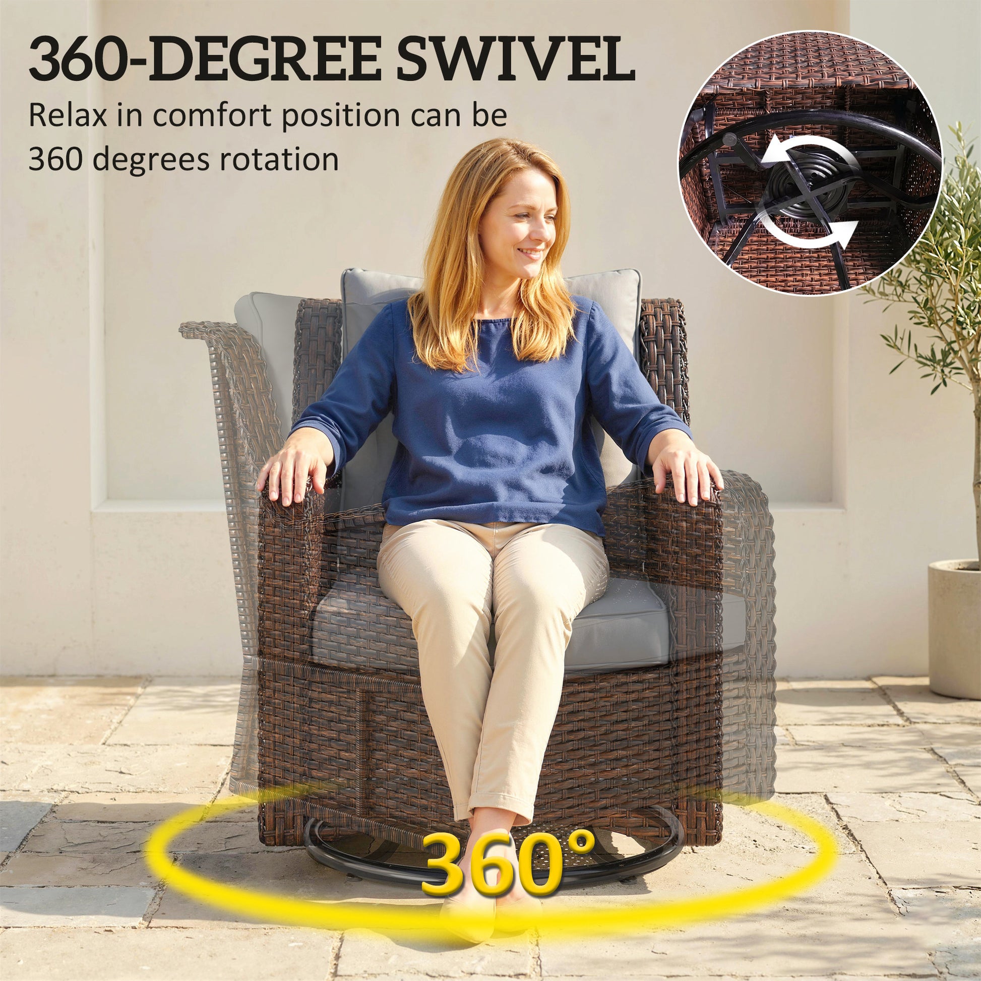 PE Rattan 360° Swivel Patio Chair with Cushion, Dark Grey