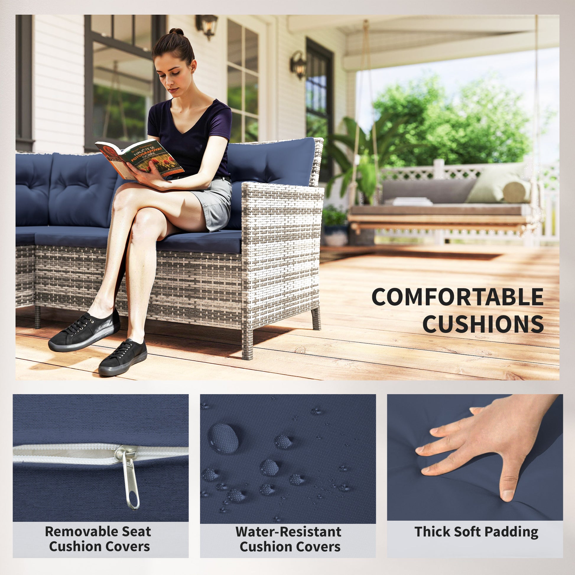 6pcs Outdoor Rattan Sofa Set Garden Wicker Sectional Couch Furniture Set with Dining Table and Chair Deep Blue