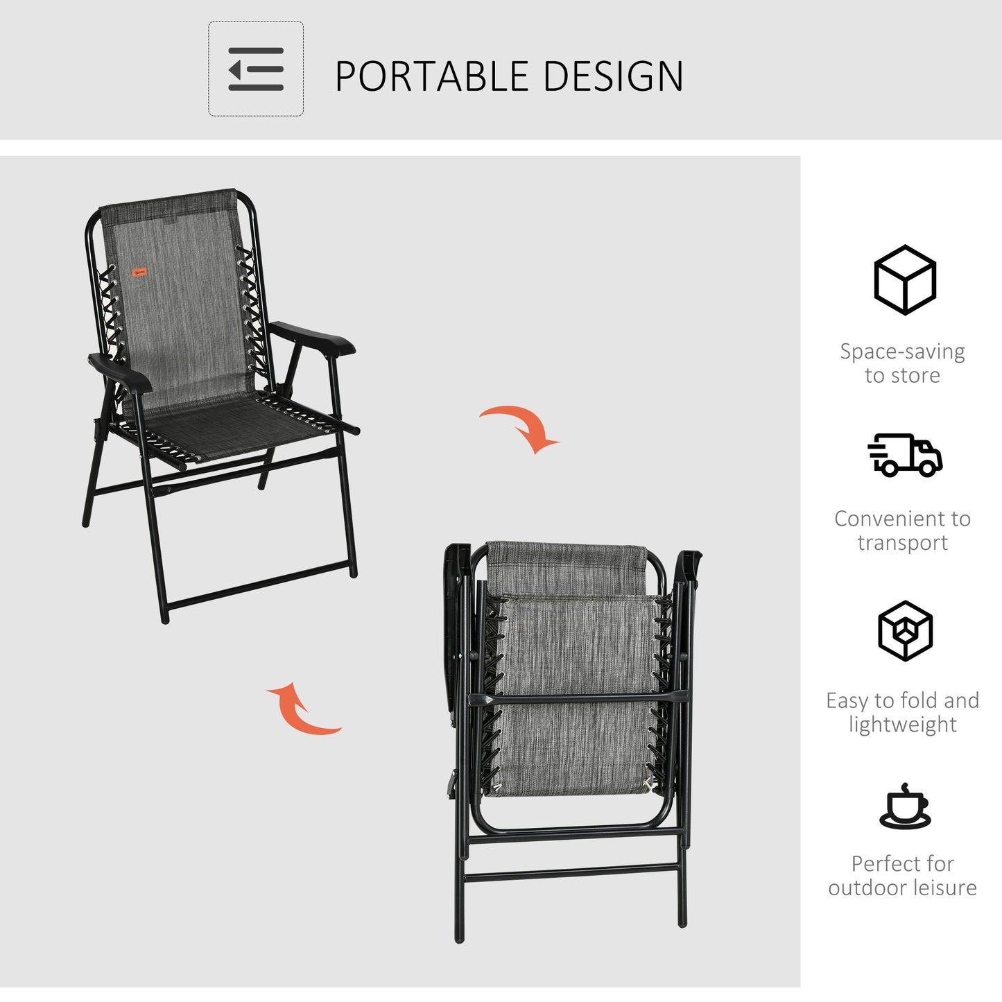 Outdoor Folding Chair, Bungee Sling Foldable Patio Dining Chair with Armrests, Folding Lawn Chair for Camping, Garden, Pool, Beach, Backyard, Grey