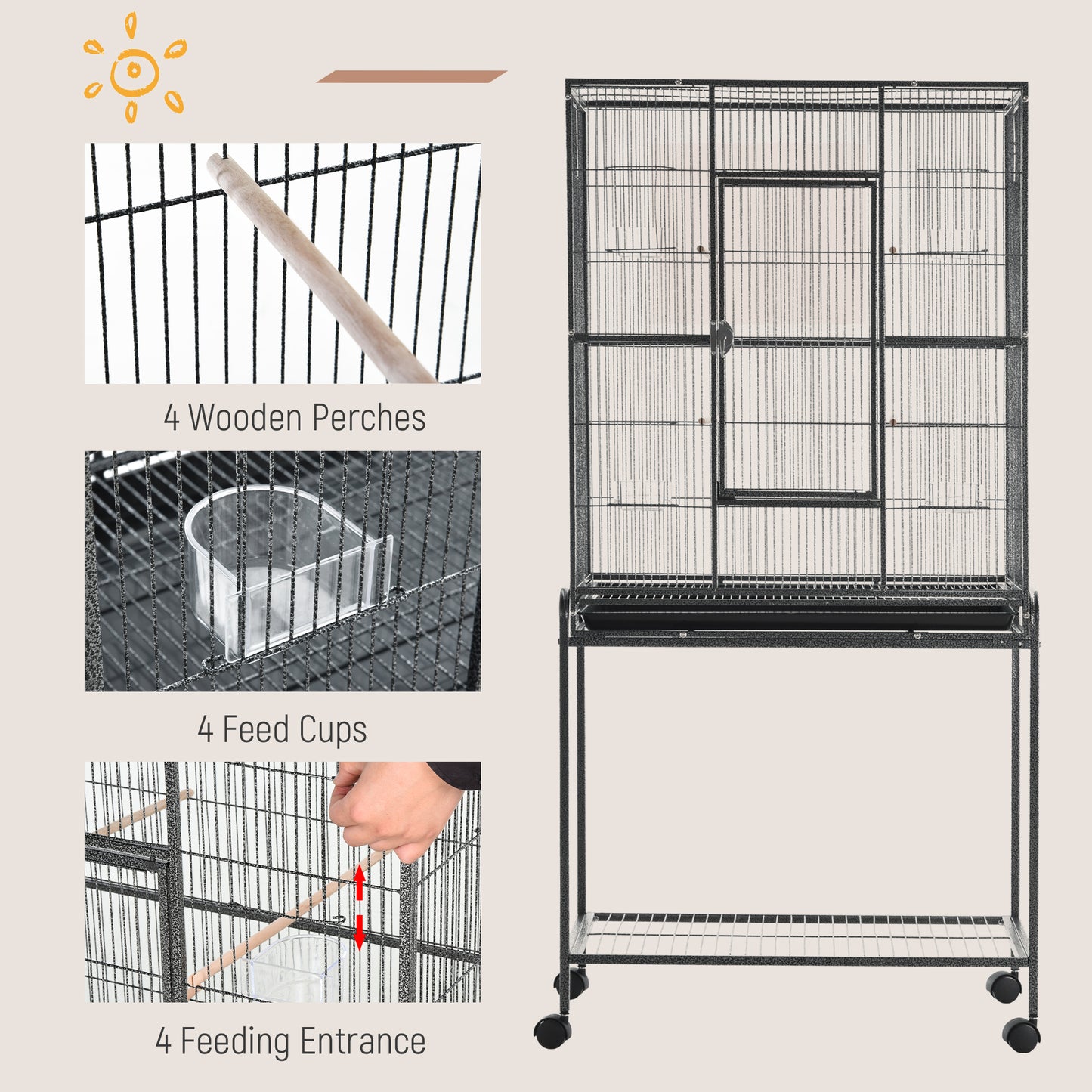30'' Large Rolling Metal Bird Cage Bird House with Detachable Rolling Stand, Storage Shelf, Wood Perch Food Container - Black