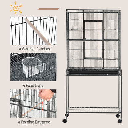 30'' Large Rolling Metal Bird Cage Bird House with Detachable Rolling Stand, Storage Shelf, Wood Perch Food Container - Black