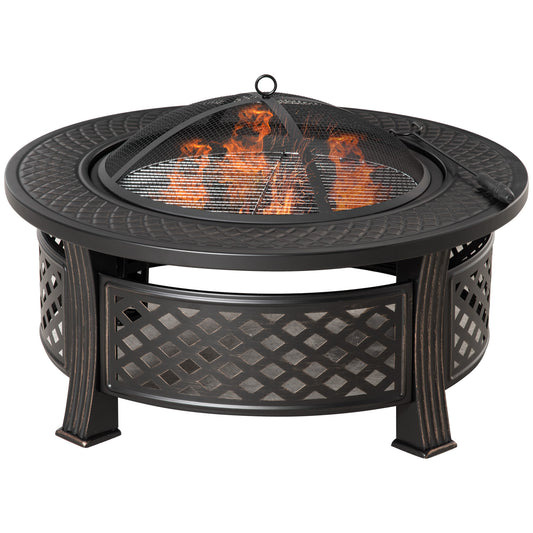 Outdoor Fire Pit, Firepit with Grill Net, Mesh Lid, Poker, for Camping, Bonfire, Picnic, Bronze