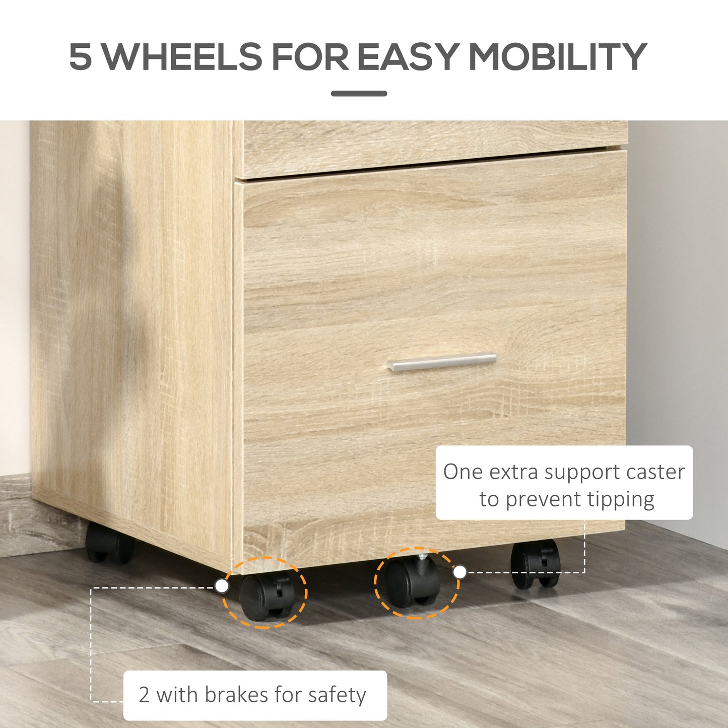Mobile Filing Cabinet, Vertical File Cabinet with 2 Drawers, Wheels, for Letter or A4 File, Natural