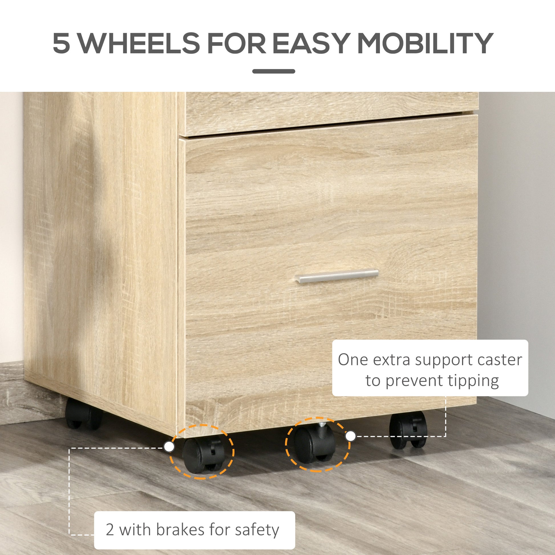 Mobile Filing Cabinet, Vertical File Cabinet with 2 Drawers, Wheels, for Letter or A4 File, Natural