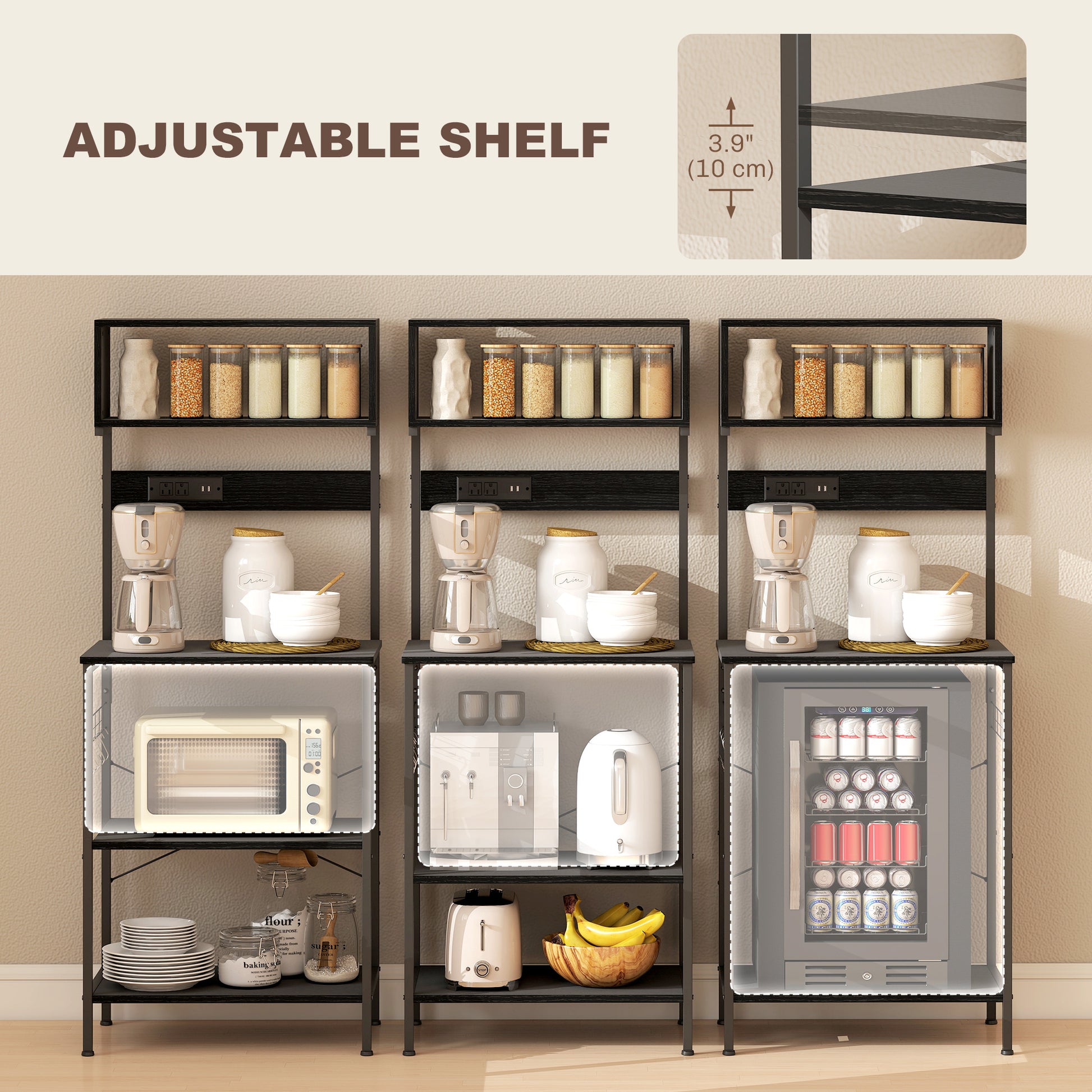 Baker's Rack with Charing Station, Microwave Shelf with Power Outlet, USB Charger and 5 Hooks, Black