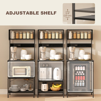 Baker's Rack with Charing Station, Microwave Shelf with Power Outlet, USB Charger and 5 Hooks, Black
