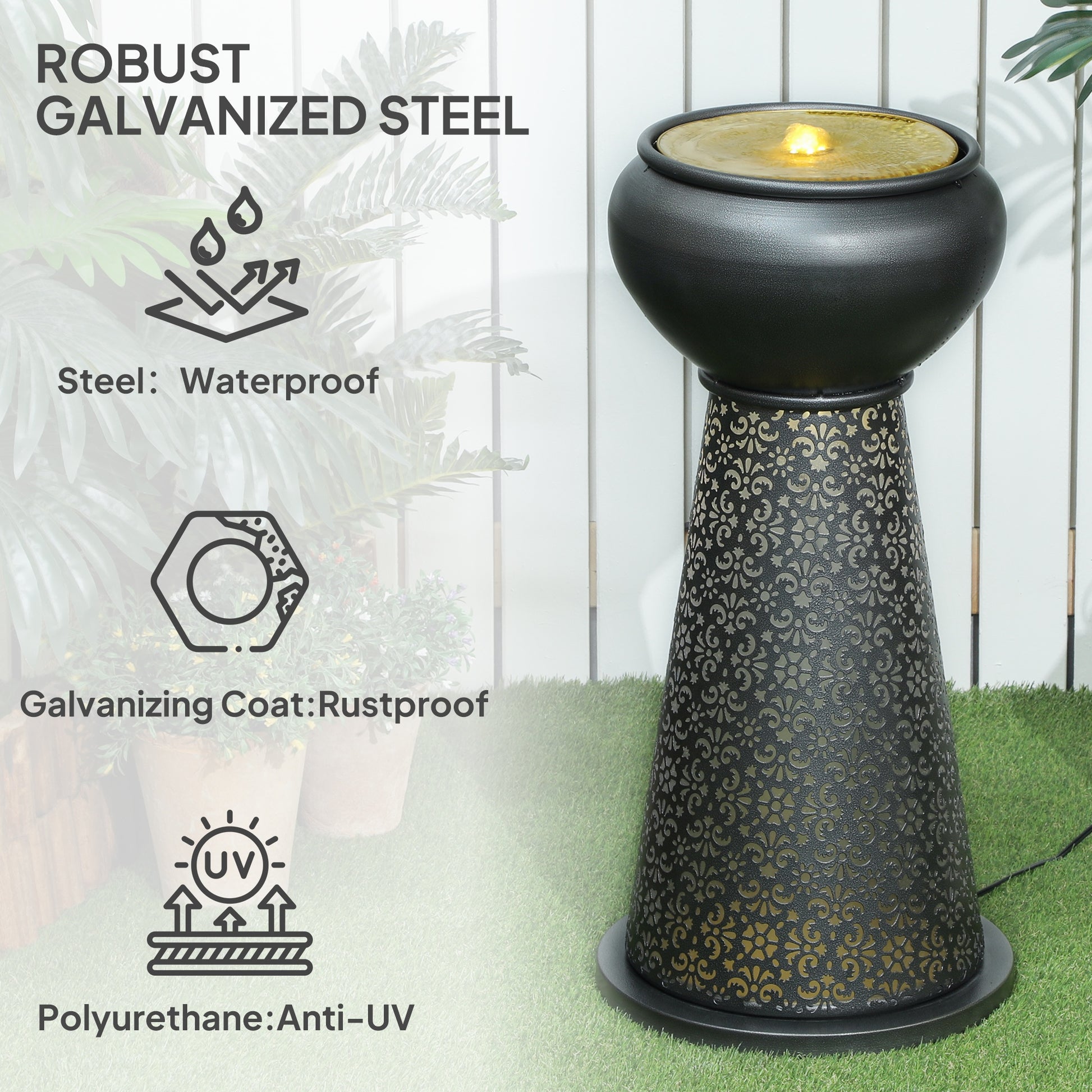 28" Tall Outdoor Water Fountain with LED Lights, Bowl Garden Waterfall Fountain with Adjustable Flow, Outdoor Water Feature with Cut-out Floral Base, Dark Grey and Yellow