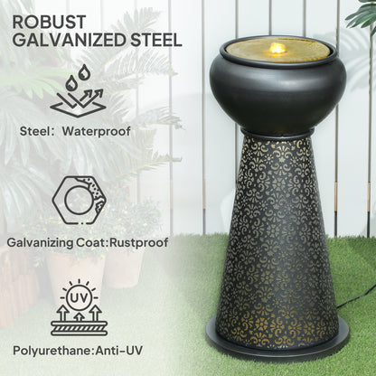 28" Tall Outdoor Water Fountain with LED Lights, Bowl Garden Waterfall Fountain with Adjustable Flow, Outdoor Water Feature with Cut-out Floral Base, Dark Grey and Yellow