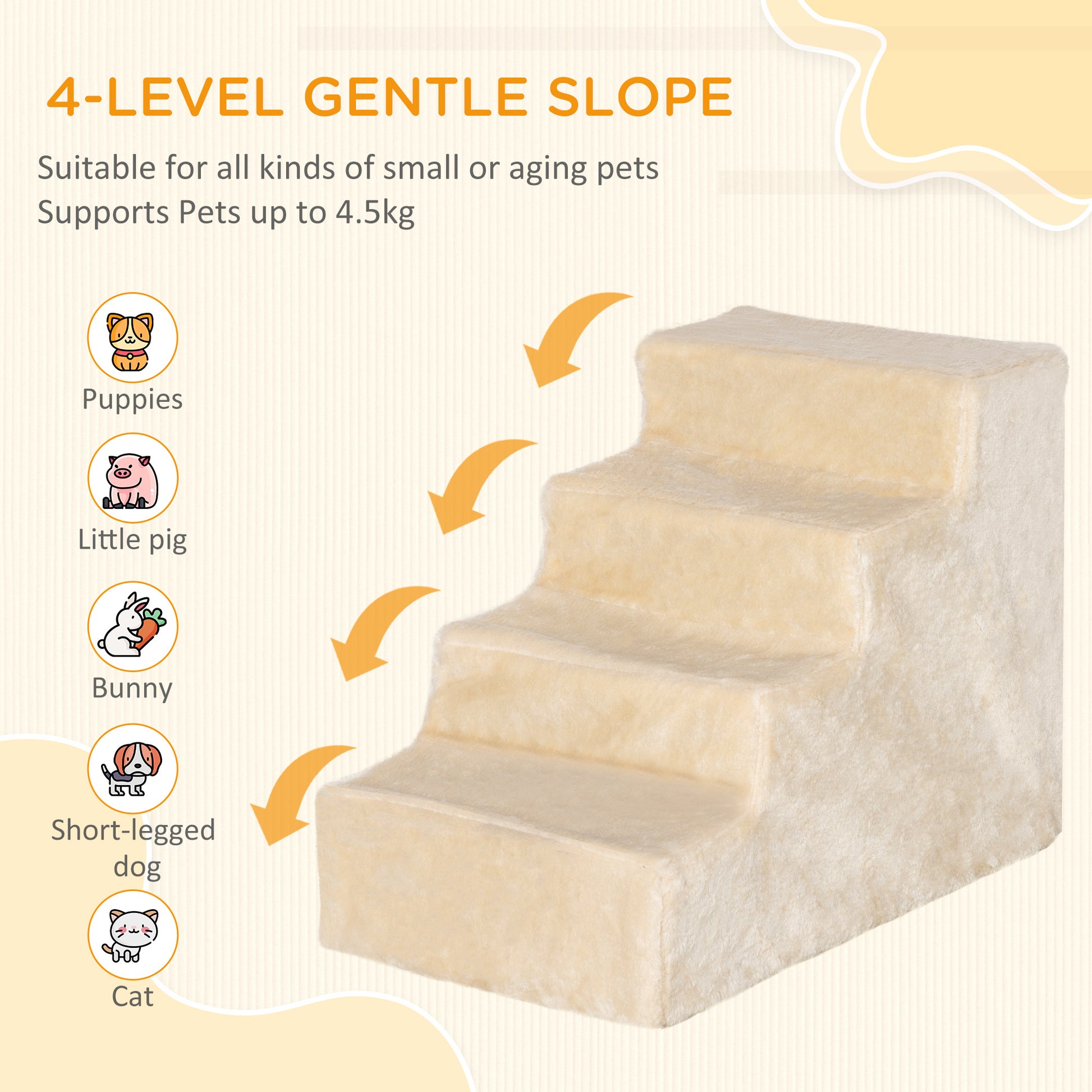 4-Step Dog Ramp for Sofa, Bed, and Couch, with Removable Cover, Beige