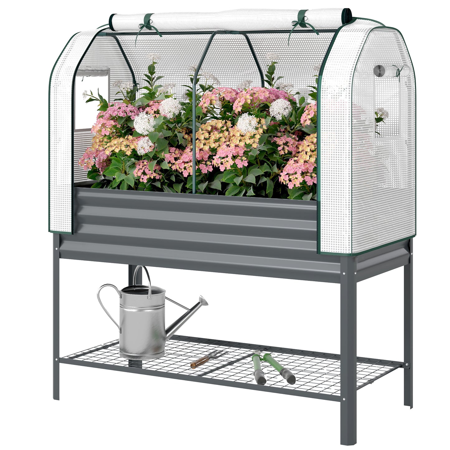 Galvanised Raised Garden Bed with Greenhouse Cover, Metal Elevated Planter Box with Bed Liner, Bottom Shelf, Dark Grey