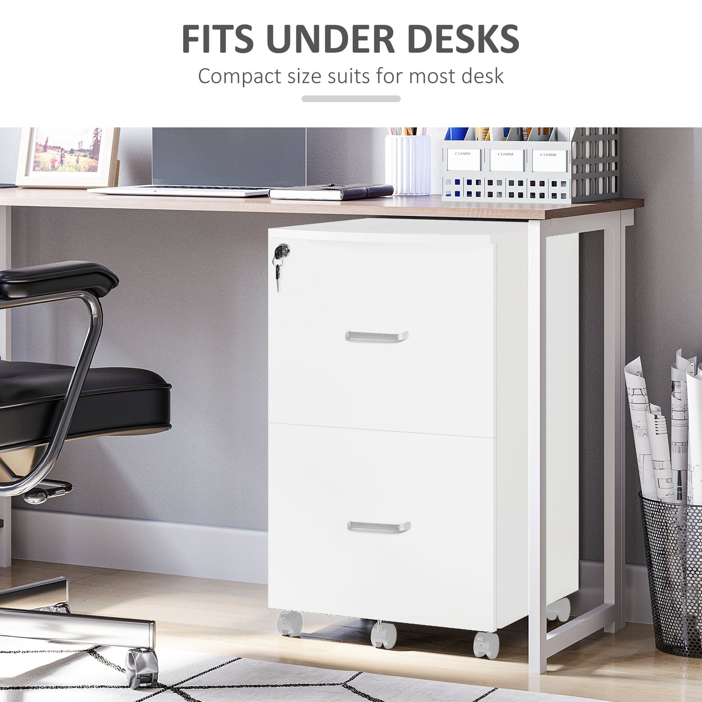 2 Drawer File Cabinet with Lock, Small Rolling Filing Cabinet for A4, Letter-Size Documents, Printer Stand for Home Office, 17" x 17.75" x 28.25", White