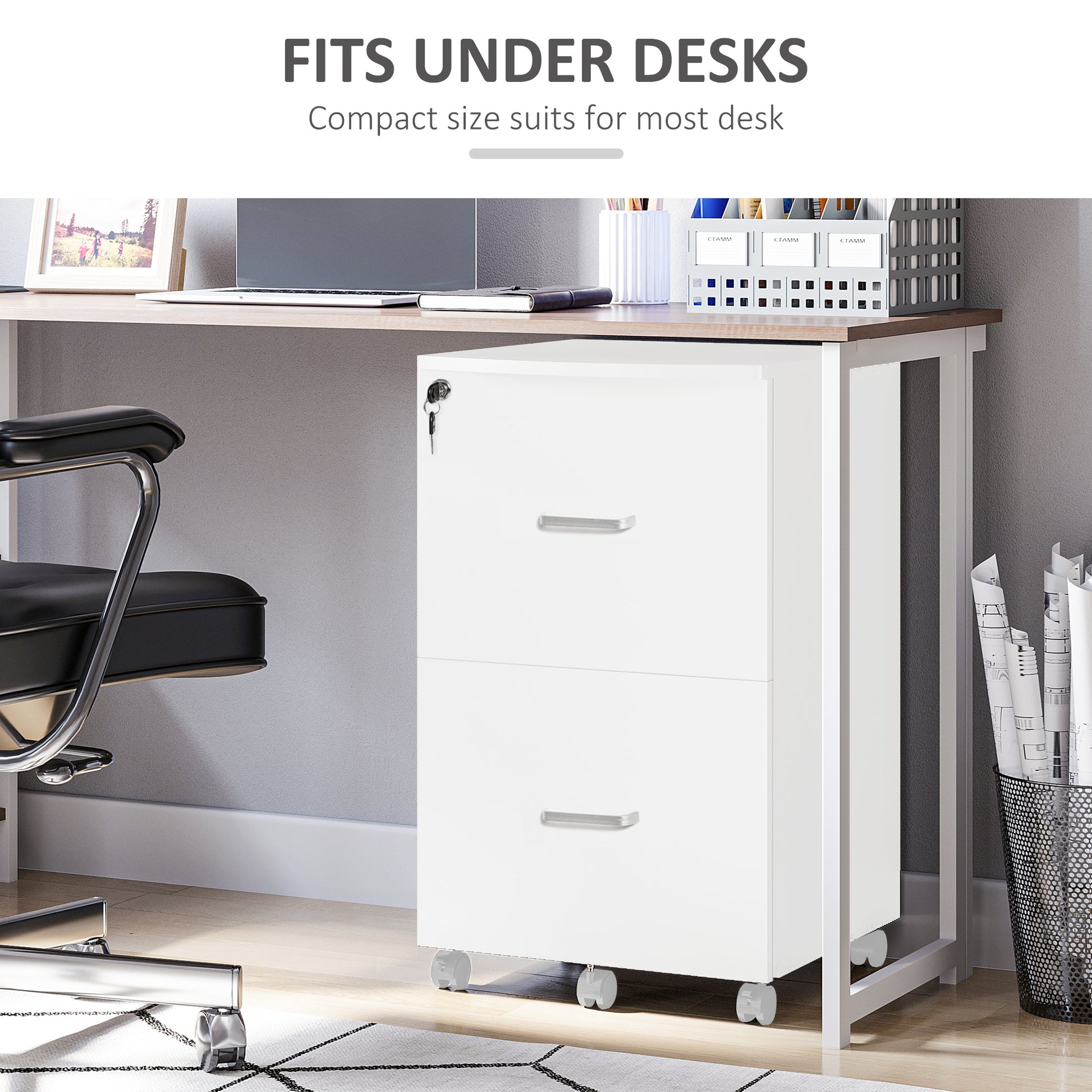 2 Drawer File Cabinet with Lock, Small Rolling Filing Cabinet for A4, Letter-Size Documents, Printer Stand for Home Office, 17" x 17.75" x 28.25", White