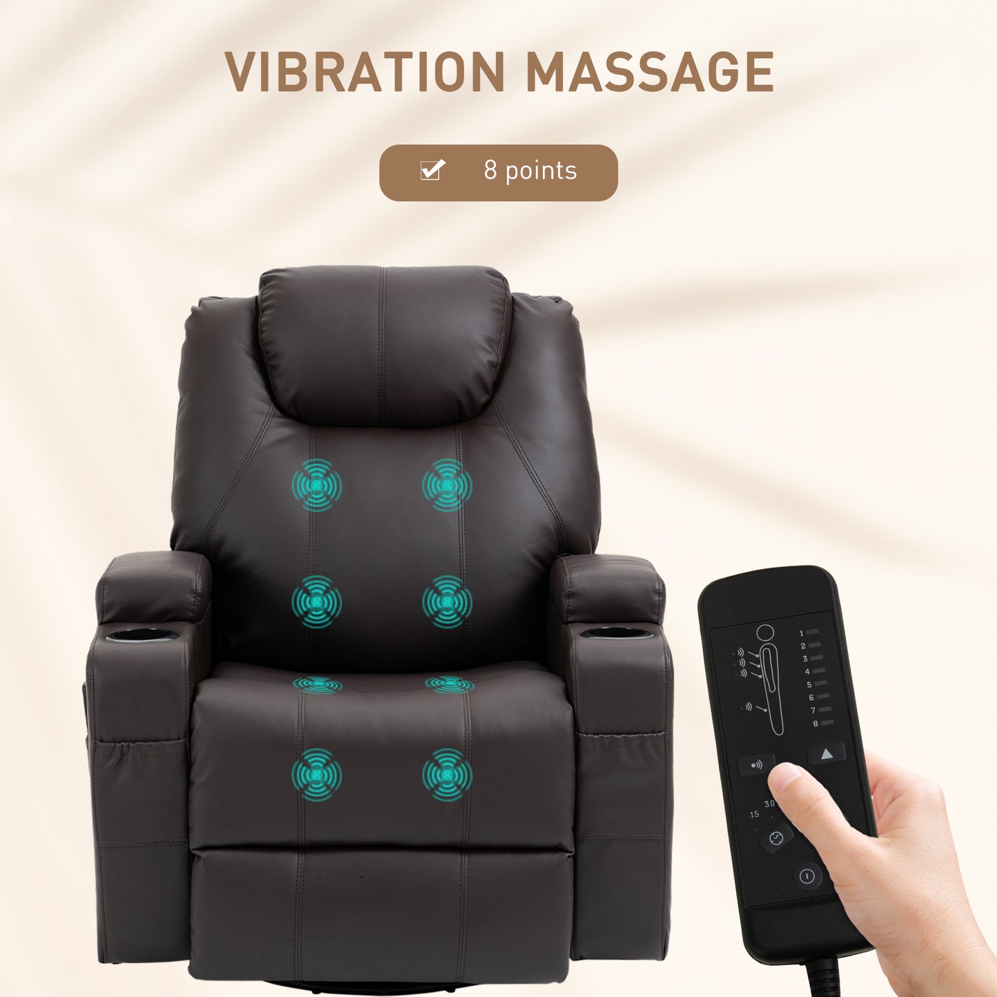 Massage Recliner Chair, Swivel Nursery Rocker Chair, Manual Reclining Sofa with 8 Vibration Points, PU Leather, Cup Holders, Side Pockets, for Living Room, Brown