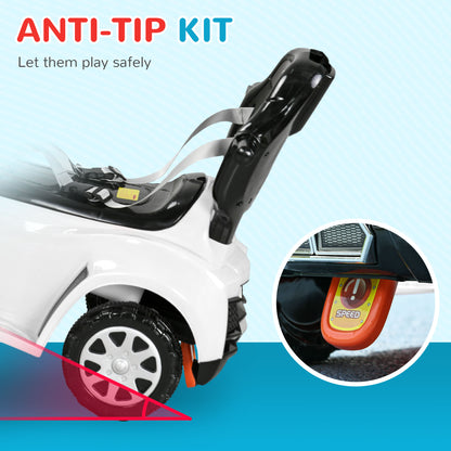 Qaba 3 in 1 Kids Push Car Toddler Sliding Car, Foot to Floor Design with Music, Light, Handle, Removable Canopy, White