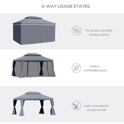 13' x 10' Patio Gazebo, Double Roof Outdoor Gazebo Canopy Shelter with Netting & Curtains, Strong Aluminum Frame, Dark Grey