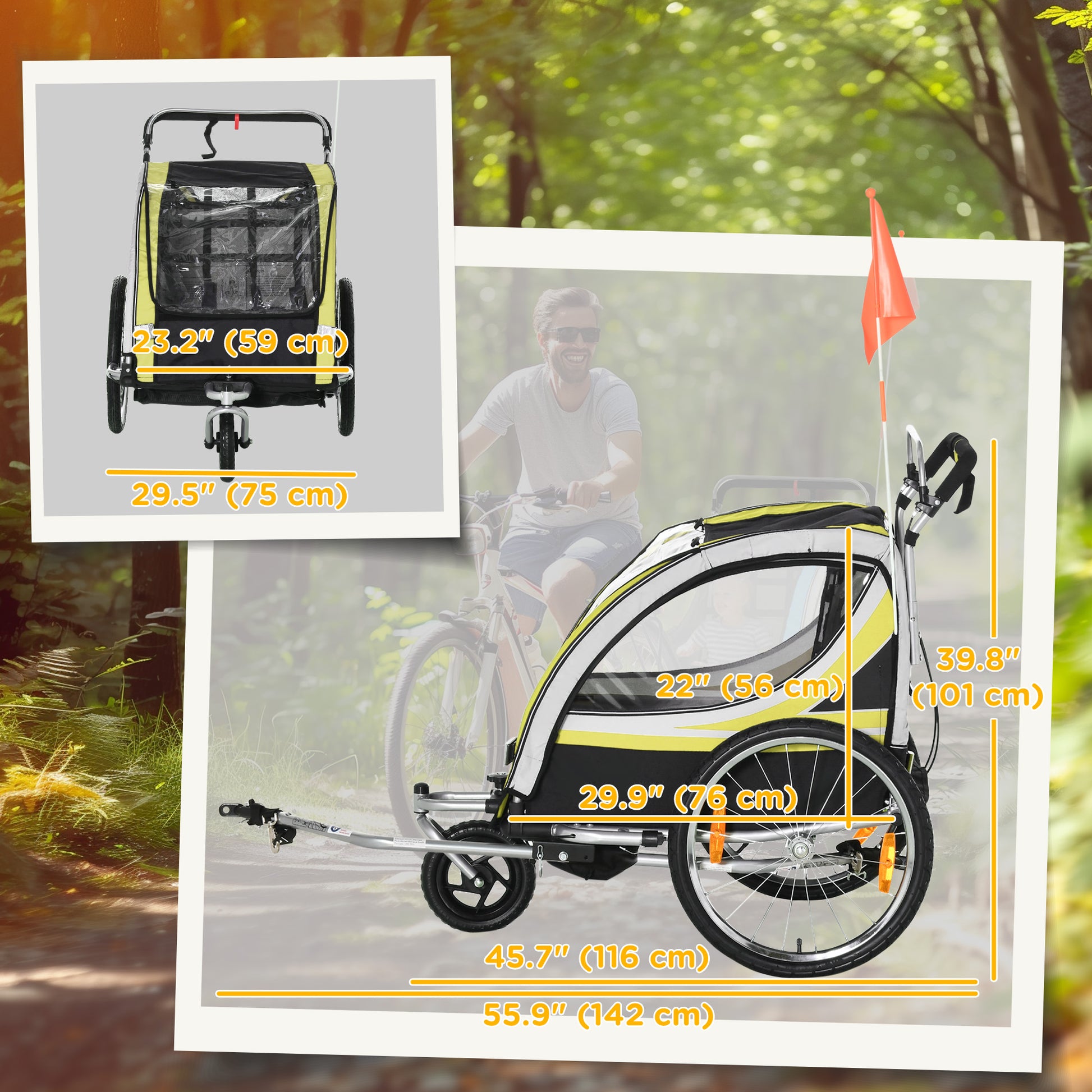 Aosom 2 Seat Bike Trailer for Kids 2-in-1 Double Baby Stroller with Handbrake, Rubber Wheels, 5 Point Harness, Waterproof Cover, Storage Bag, Reflectors, Yellow