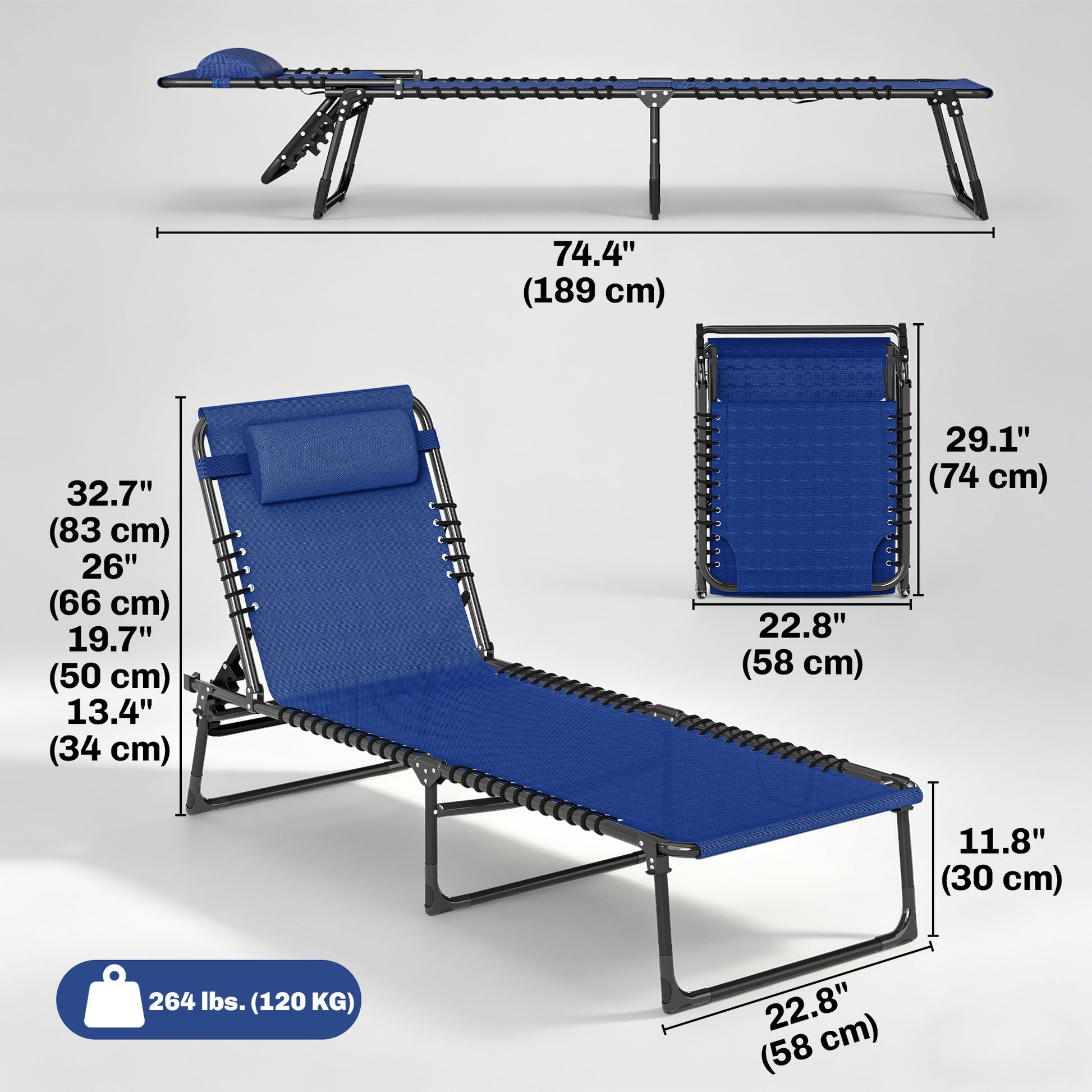 Outdoor Folding Lounge Chair, 4-Level Adjustable Chaise Lounge, Tanning Chair Beach Bed Reclining Lounger Cot for Camping, Hiking, Backyard, Navy Blue