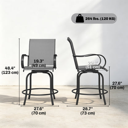 Outdoor Bar Stools Set of 2, 360° Swivel Bar Height Chairs, 26.8" x 29.5" x 48.4", Grey