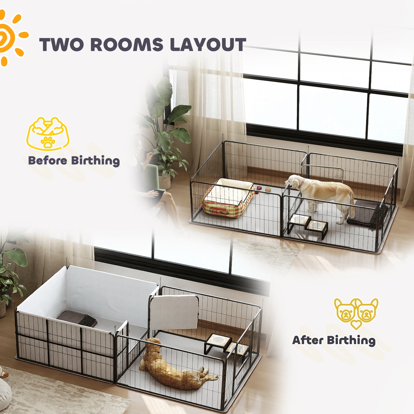 7 Panel Dog Whelping Box Convertible DIY Pet Playpen with Washable Pee Pads, 600D Oxford Fabric, 96" x 48" x 24"