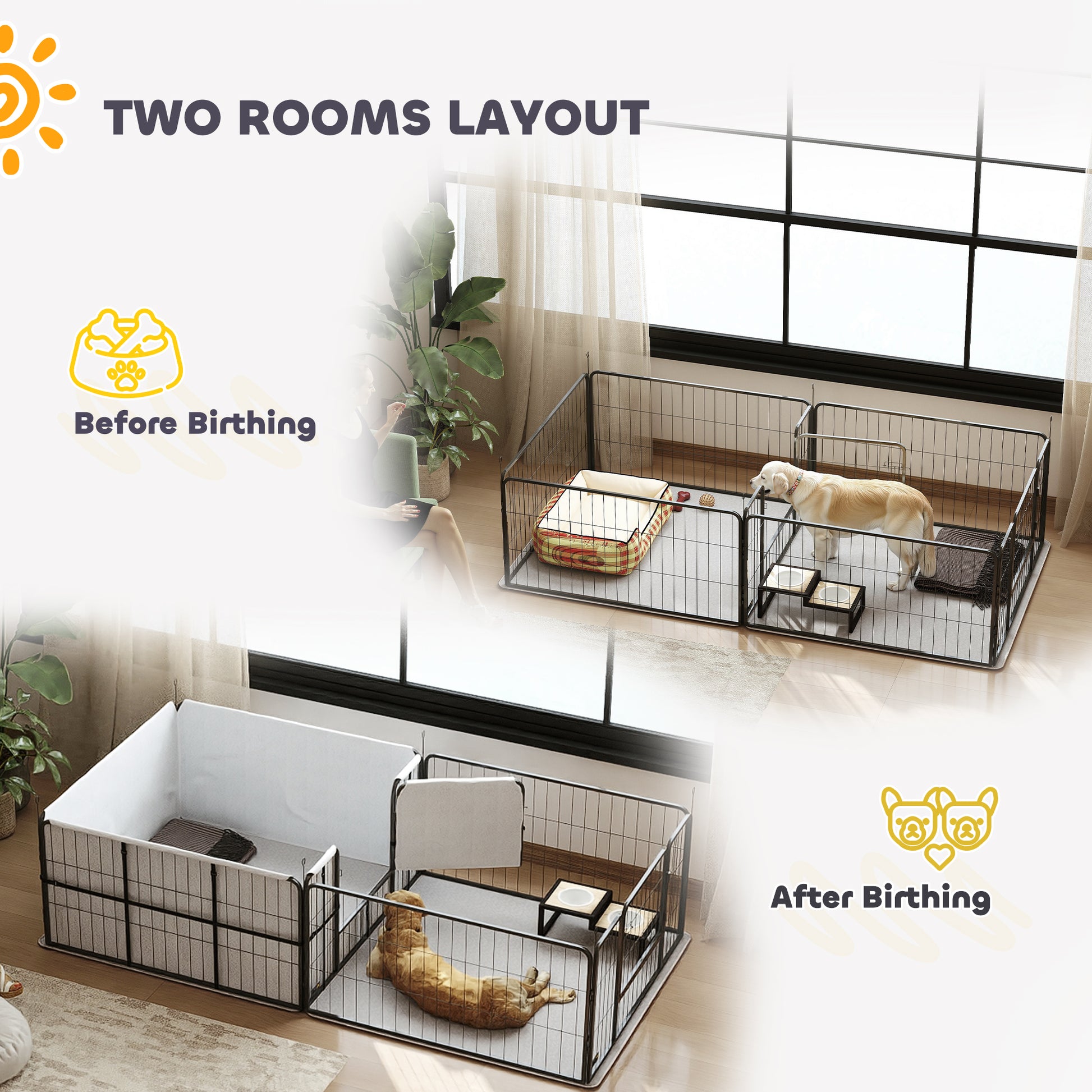 7 Panel Dog Whelping Box Convertible DIY Pet Playpen with Washable Pee Pads, 600D Oxford Fabric, 96" x 48" x 24"