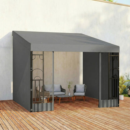 10' x 10' Wall Pergola, Outdoor Gazebo with 2 Curtains and 2 Nettings, UV Resistant, for Patio, Deck, Dark Grey