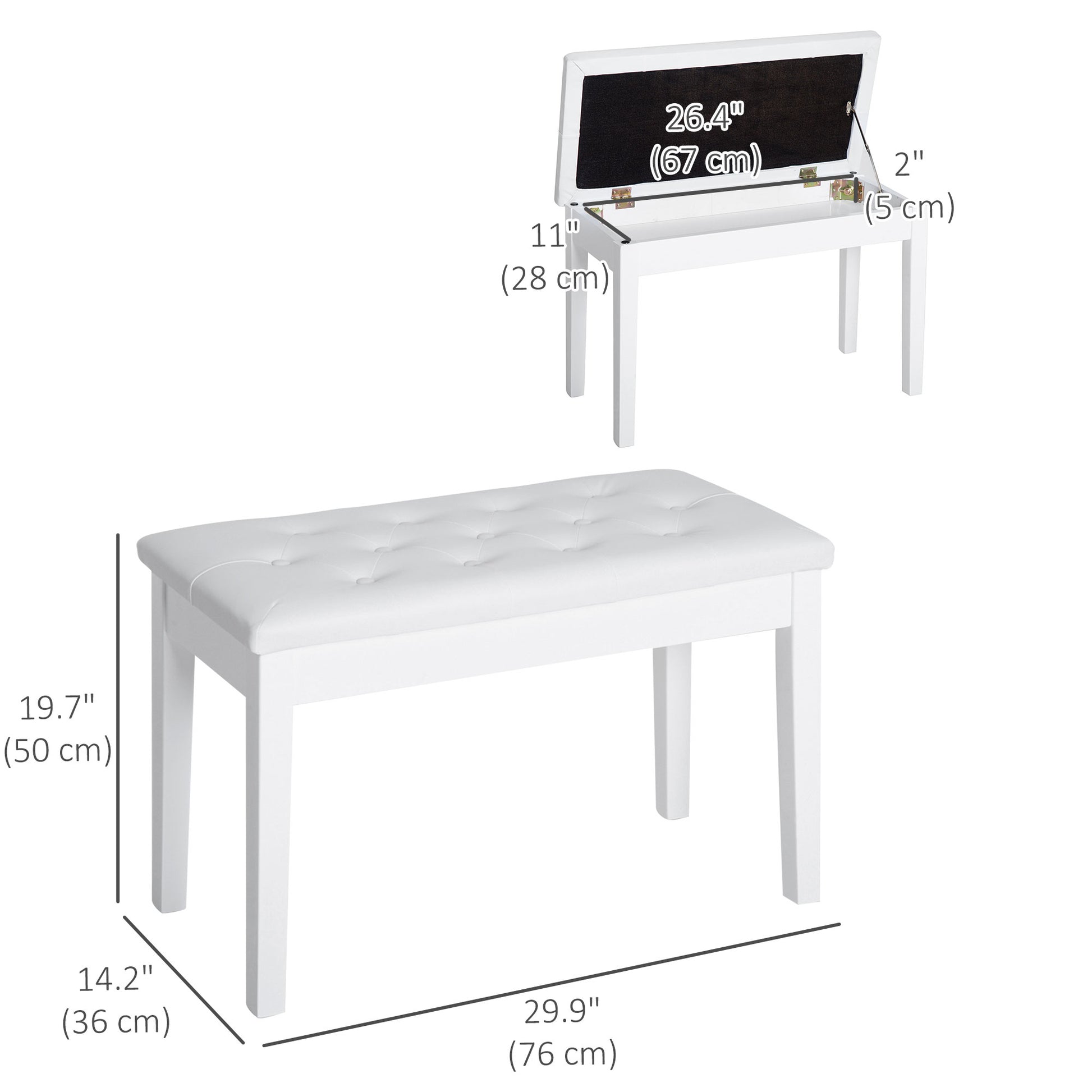 30" Piano Bench with Padded Cushion and Storage, Faux Leather Keyboard Bench with Solid Wood Legs, White